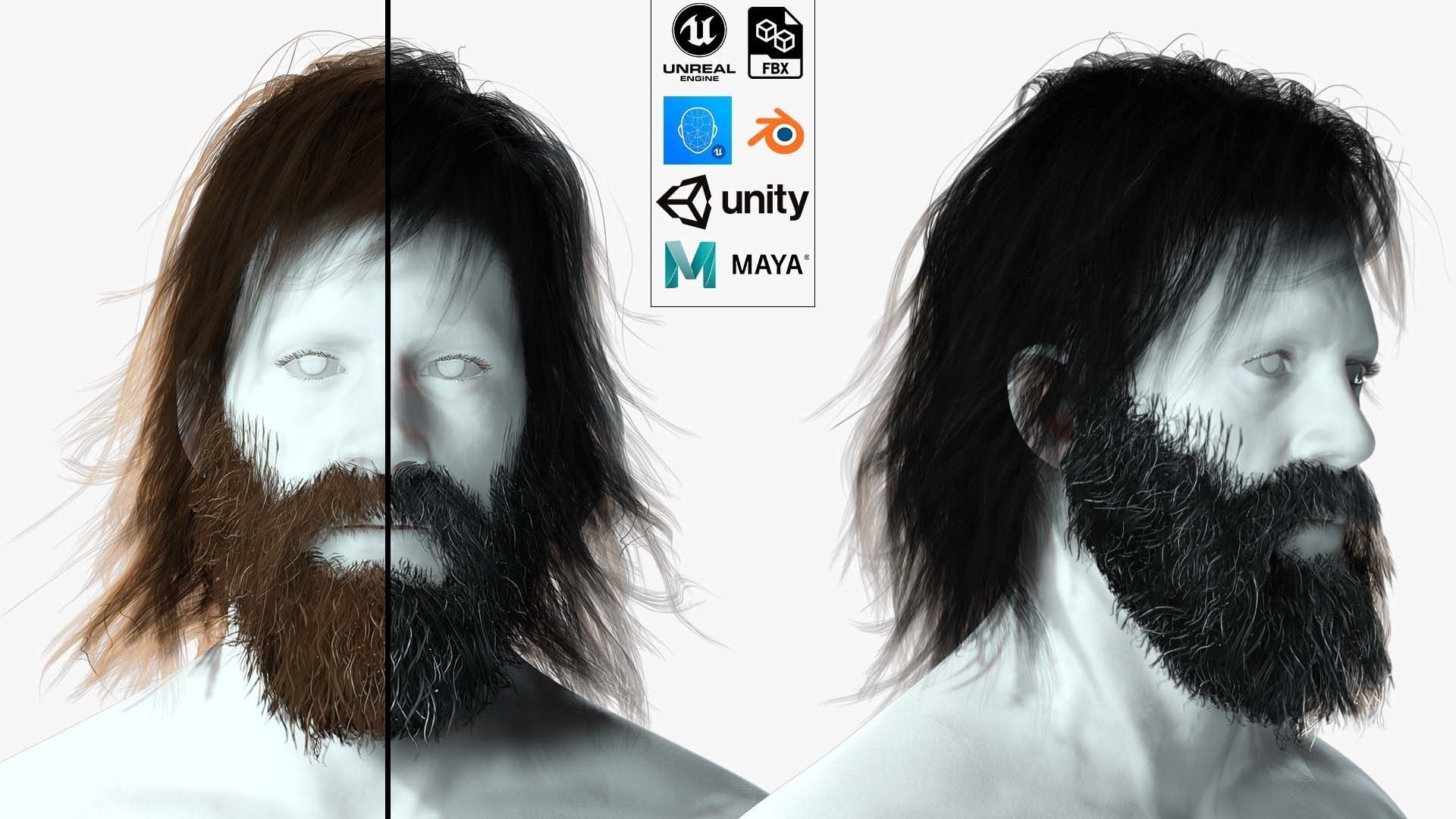 Realistic Hair Beard brows mustache Low-poly 3D model_1