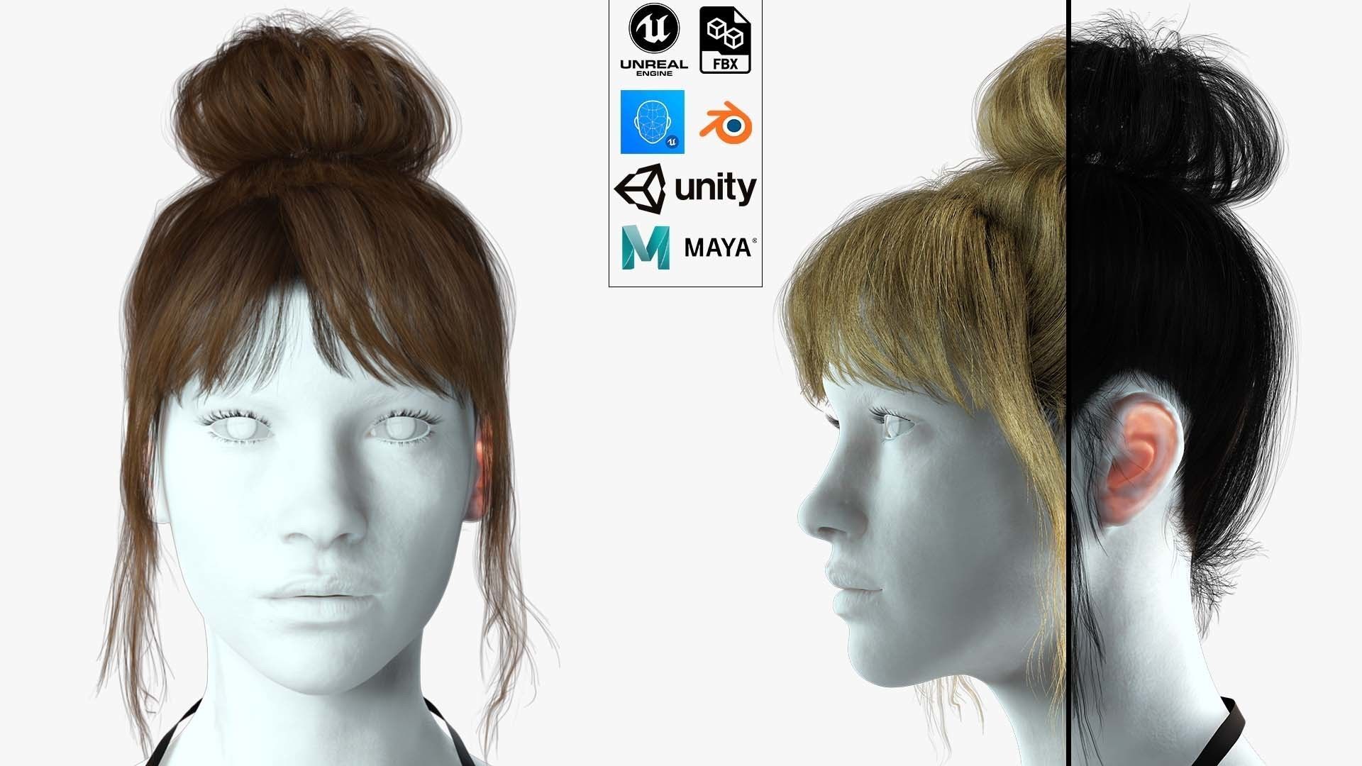 Realistic Female hair colorable Low-poly 3D model_1