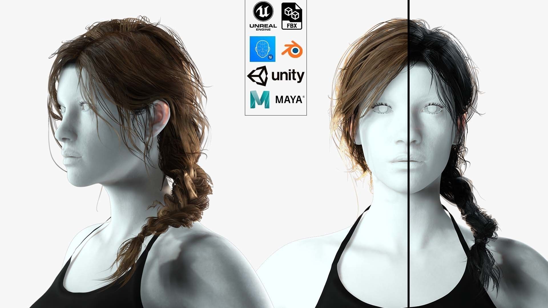 Realistic Female hair braid side Low-poly 3D model_1