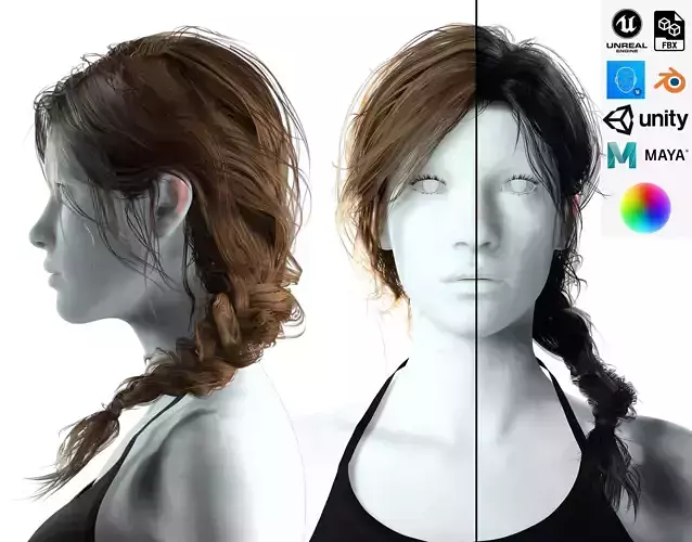 Realistic Female hair braid side Low-poly 3D model