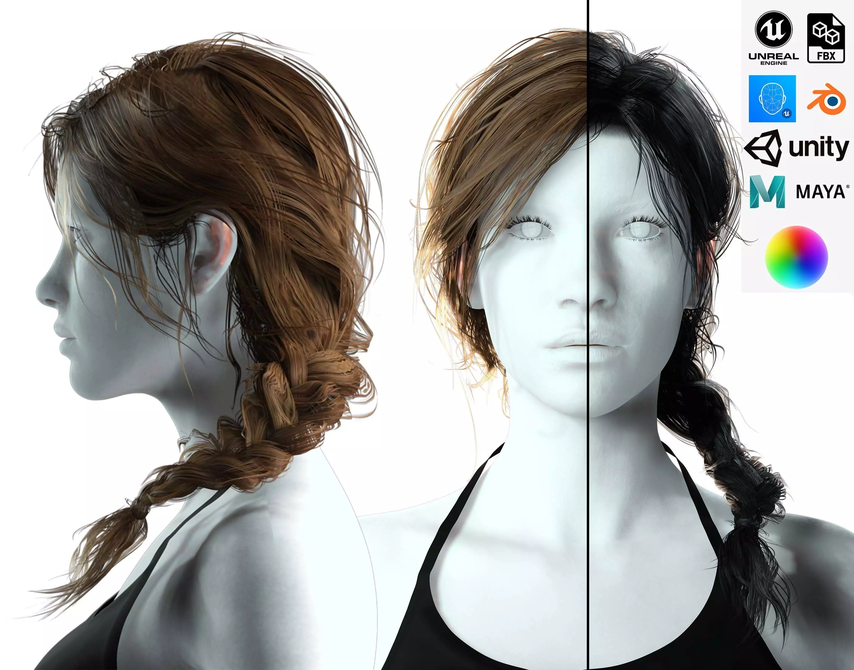 Realistic Female hair braid side Low-poly 3D model_0