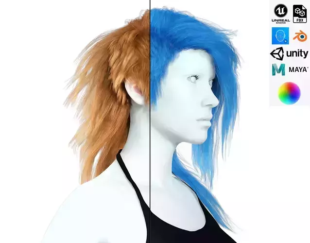 Realistic hair cyberpunk long Low-poly 3D model