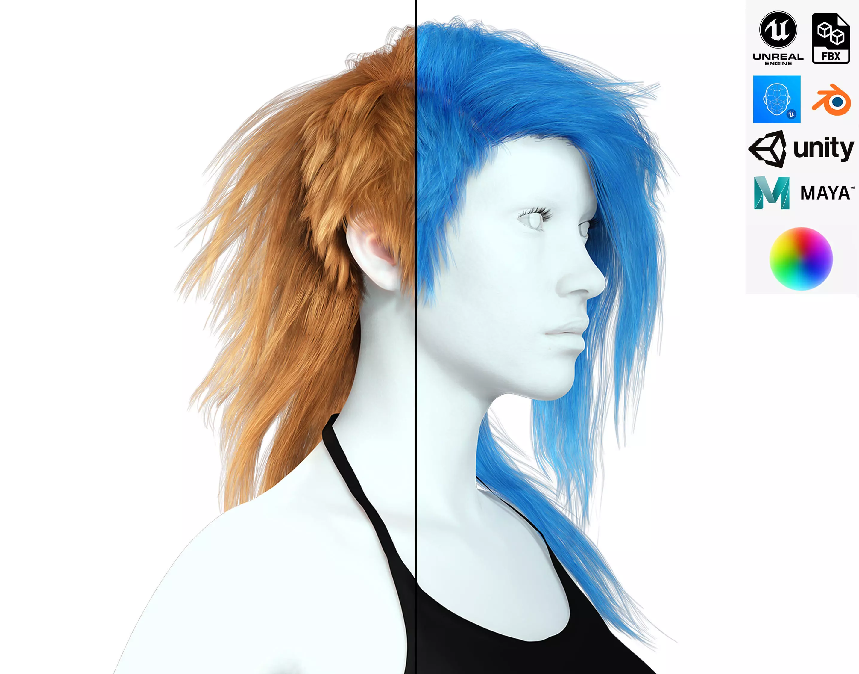 Realistic hair cyberpunk long Low-poly 3D model_0