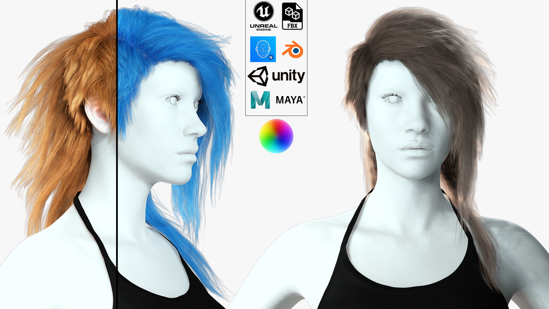 Realistic hair cyberpunk long Low-poly 3D model_1