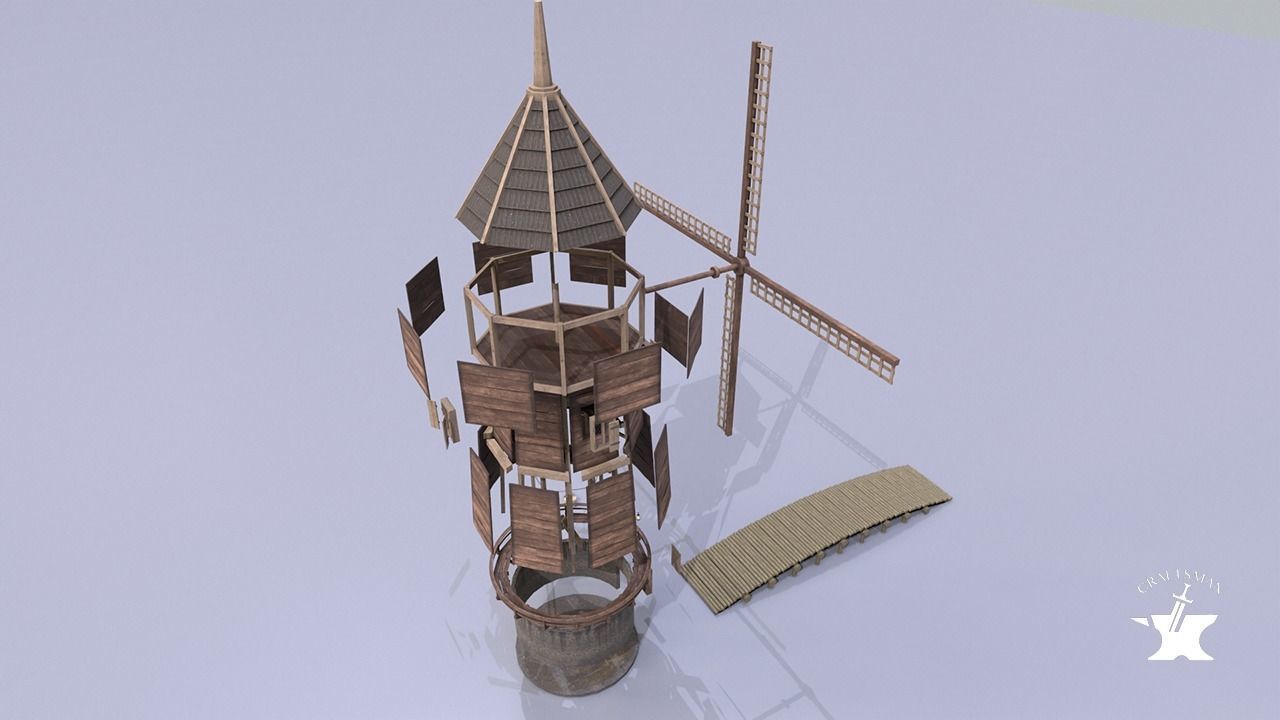 Windmill wooden fence Low-poly 3D model_22