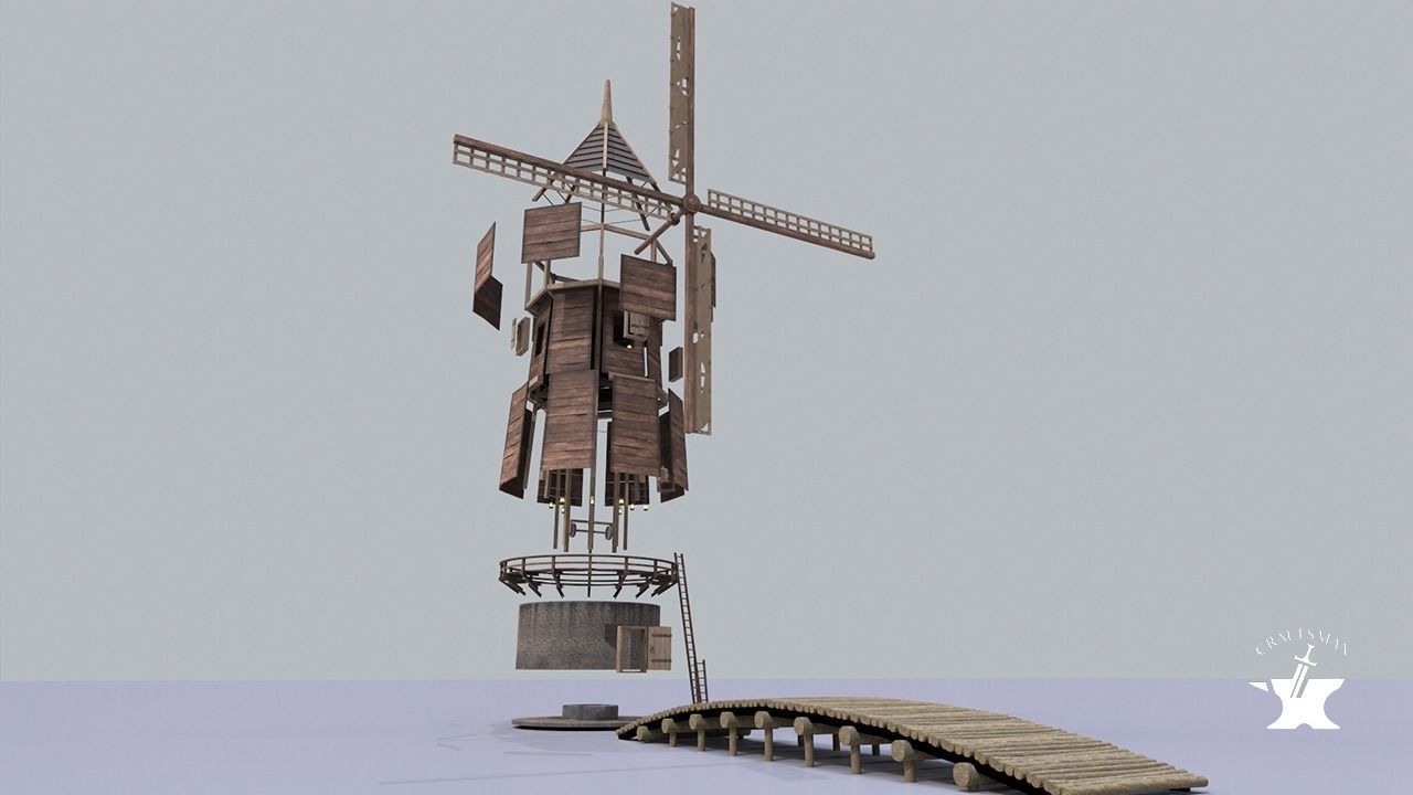 Windmill wooden fence Low-poly 3D model_21