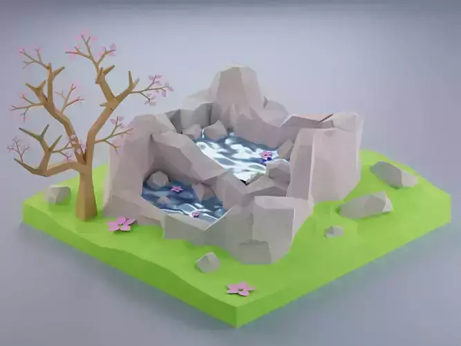 Spring Low-Poly landscape with tree and water