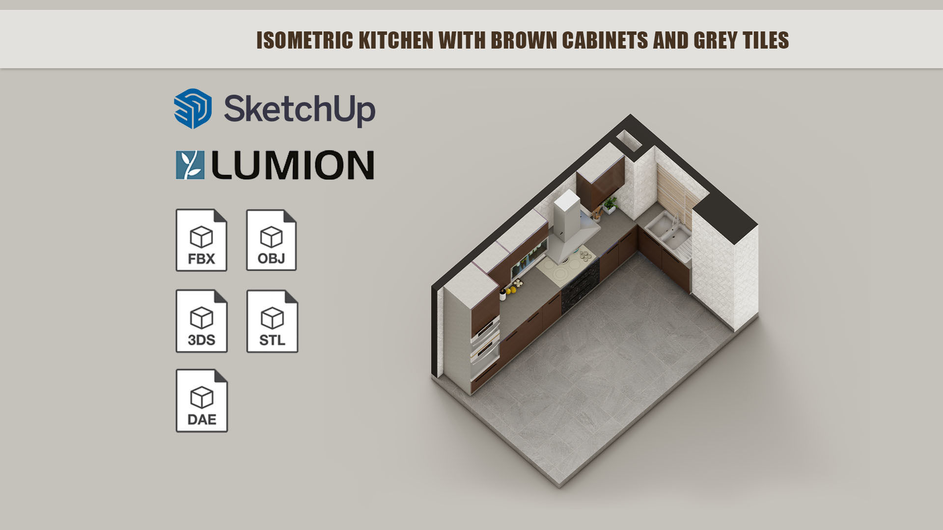 Isometric kitchen with brown cabinets and grey tiles 3D model | CGTrader