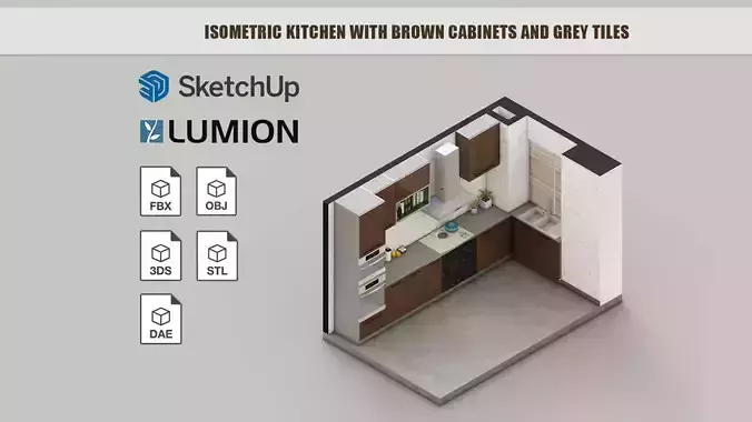 Isometric kitchen with brown cabinets and grey tiles