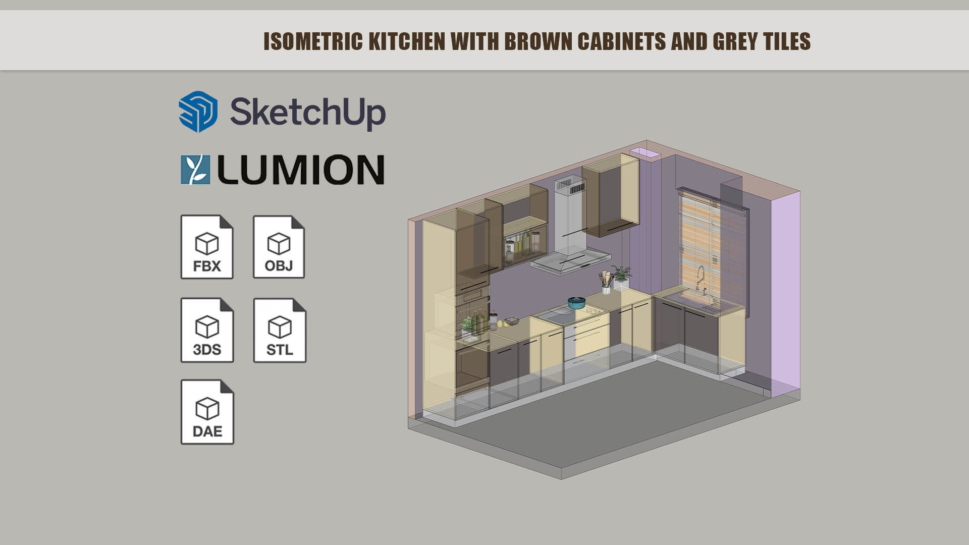 Isometric kitchen with brown cabinets and grey tiles 3D model | CGTrader