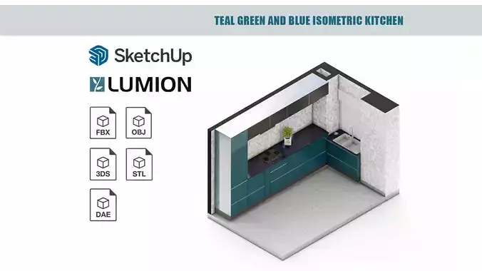 Teal green and blue isometric kitchen