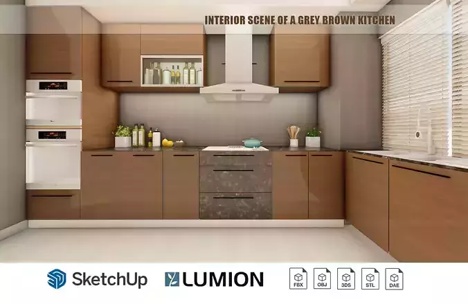 Interior scene of a grey brown kitchen 