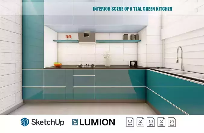 Interior scene of a teal green kitchen 