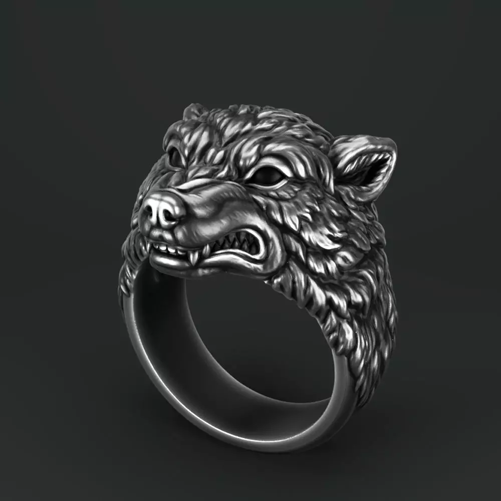 Wolf head ring 3D print model_0