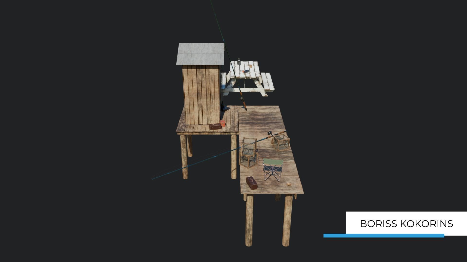 Fishermans platform near the lake Low-poly 3D model_1