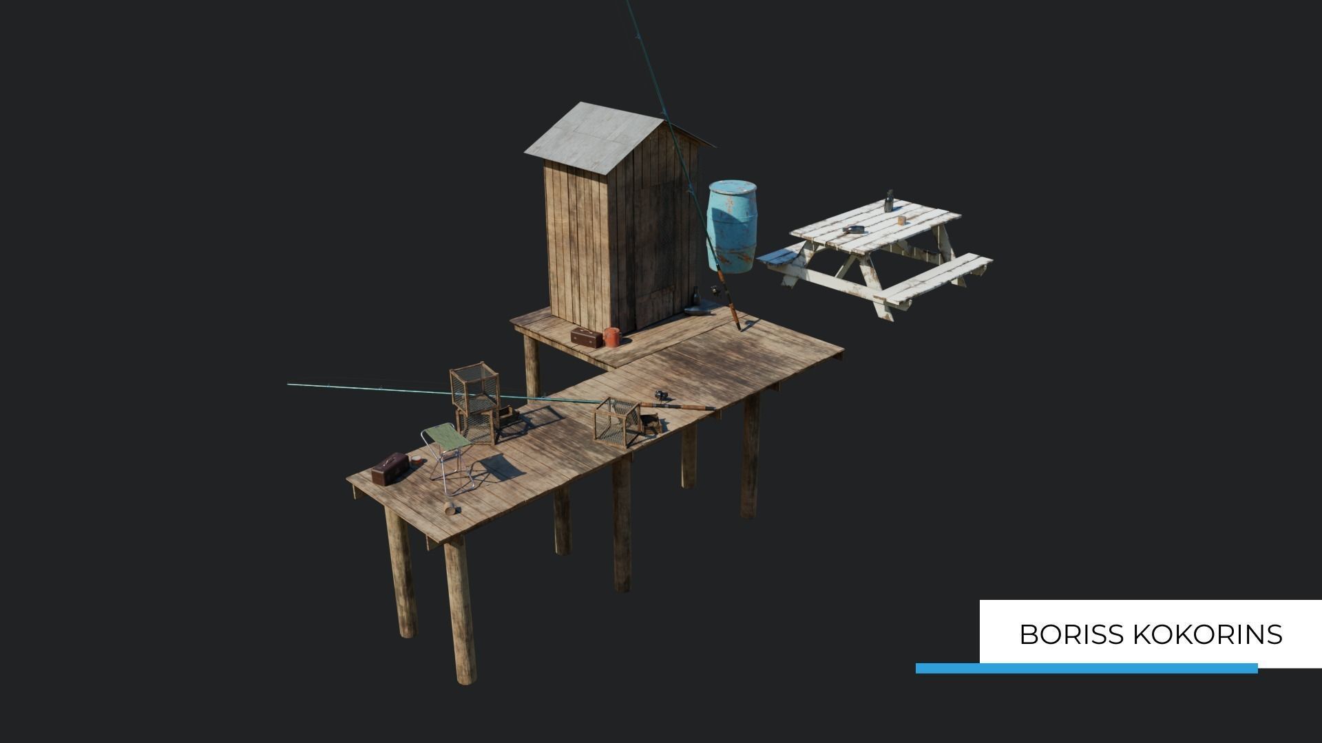 Fishermans platform near the lake Low-poly 3D model_7