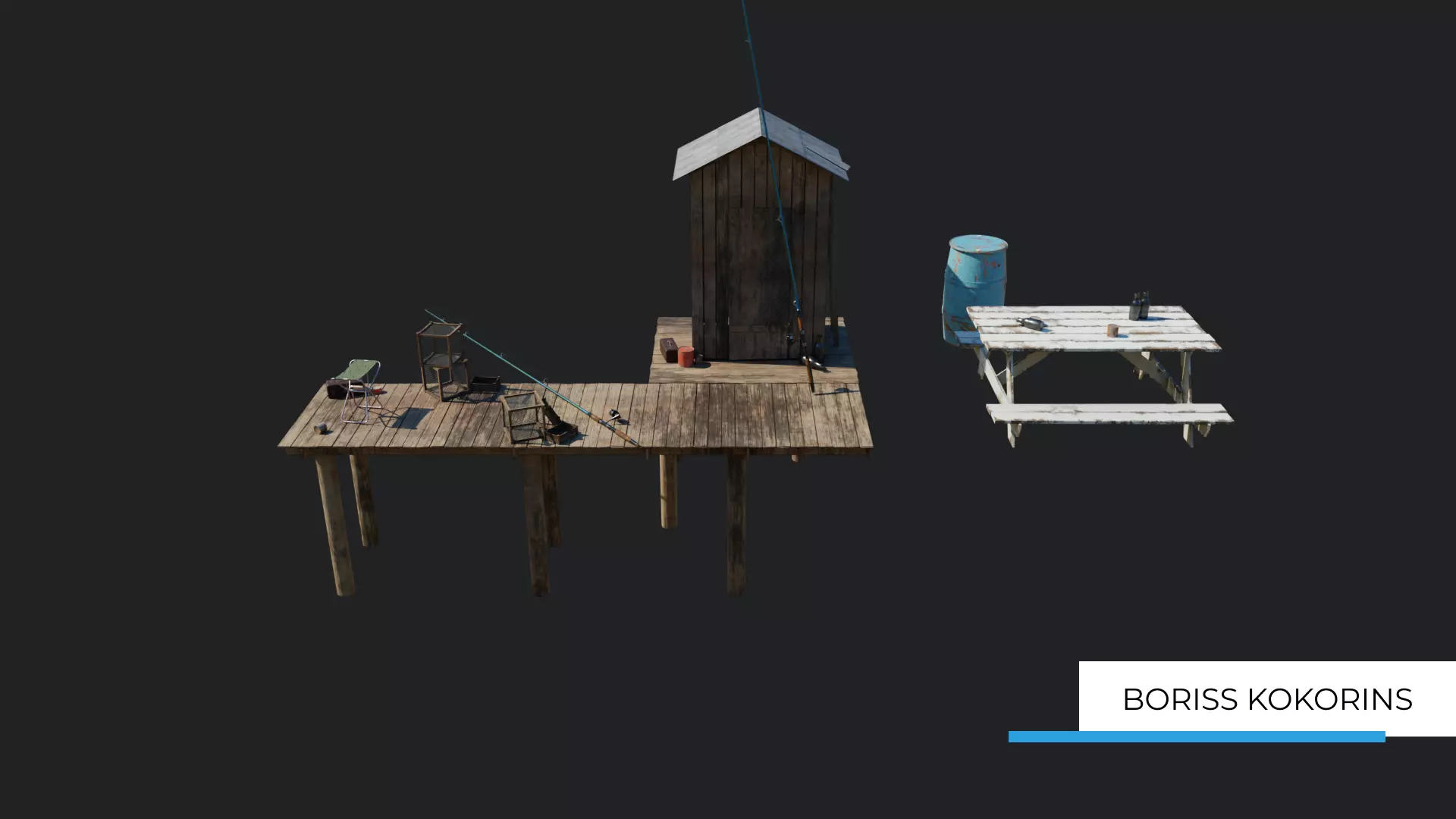 Fishermans platform near the lake Low-poly 3D model_0
