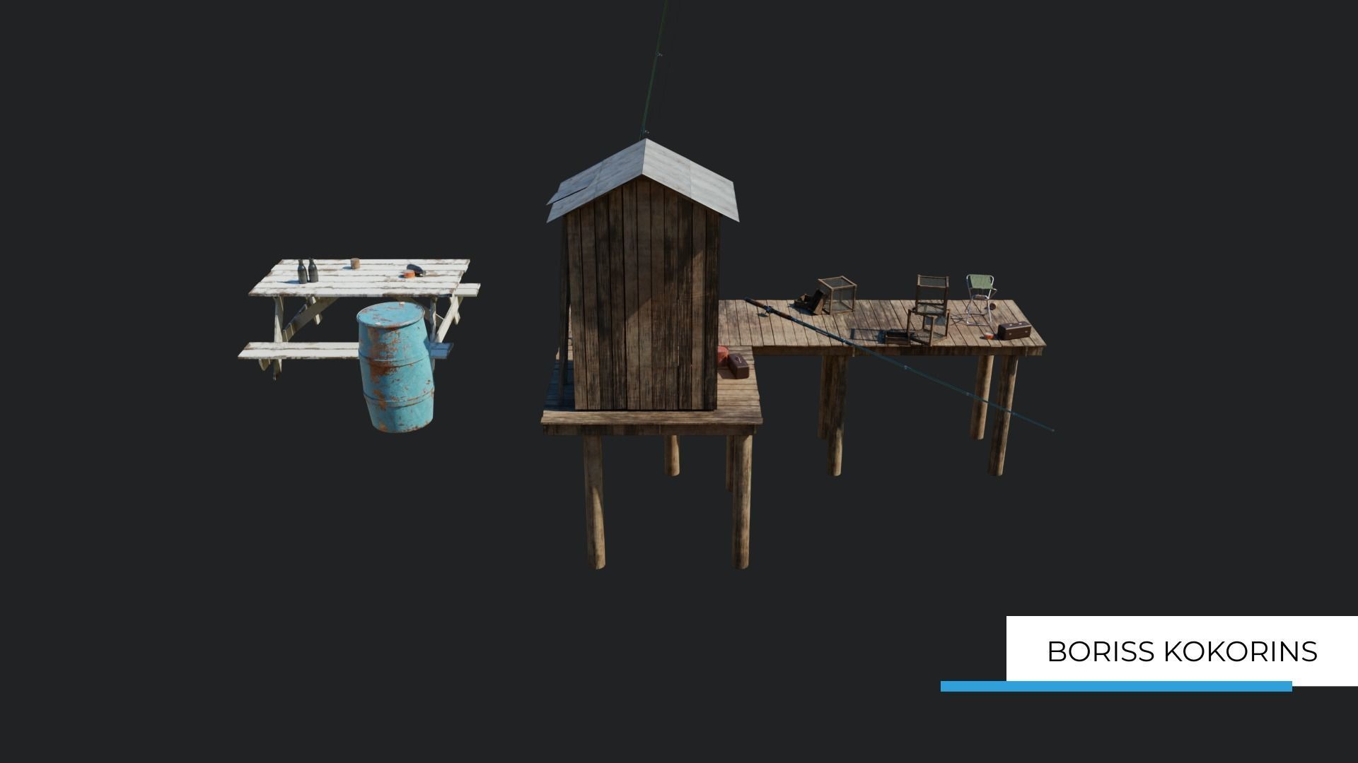 Fishermans platform near the lake Low-poly 3D model_3