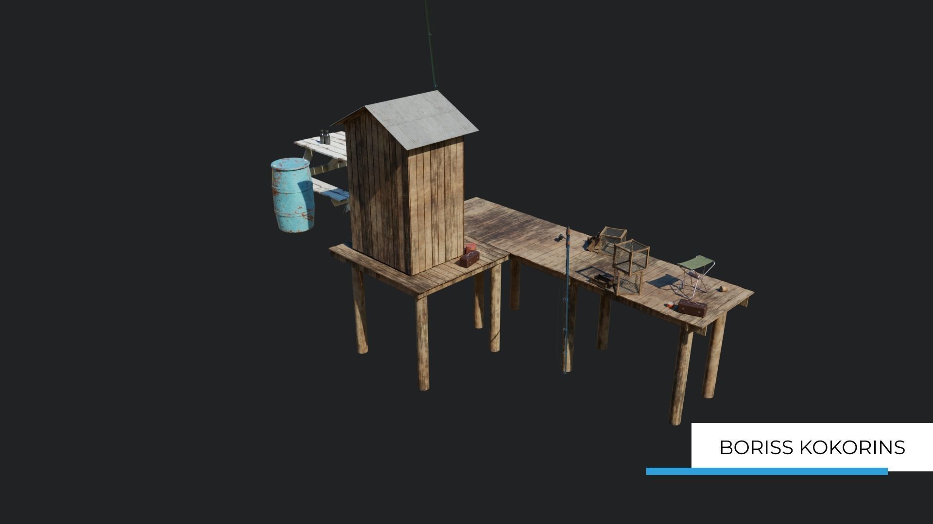 Fishermans platform near the lake Low-poly 3D model_2