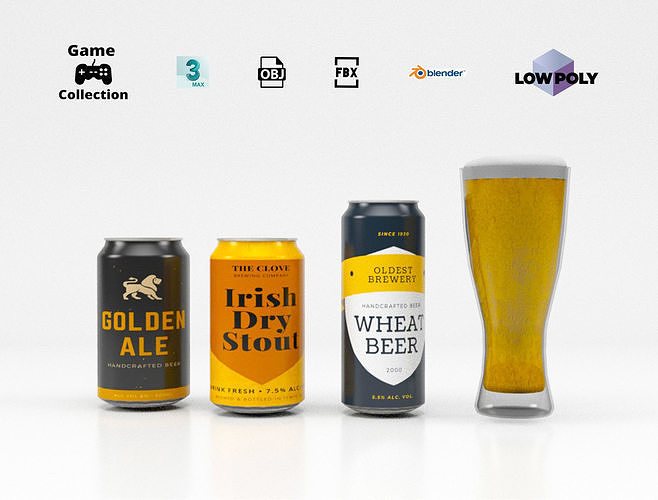 Beers four cans of beer and video game Low-poly 3D model