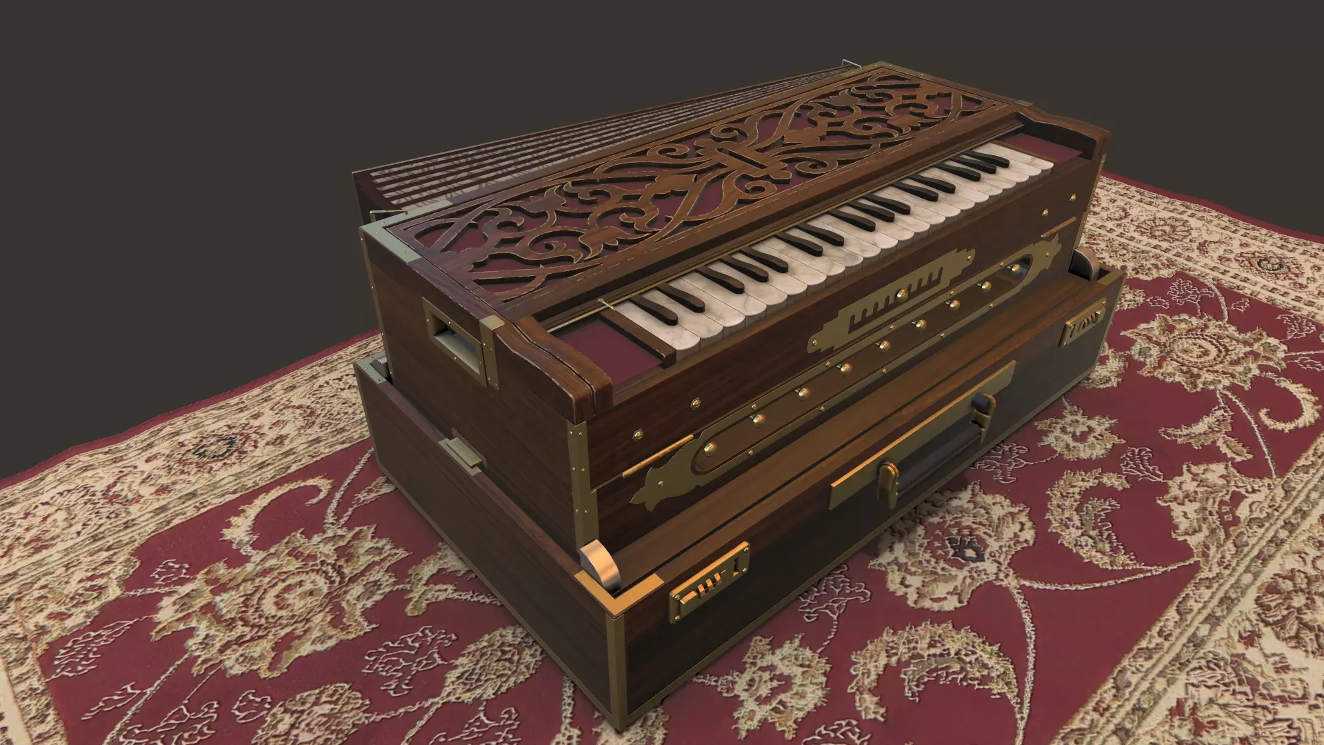 Harmonium musical instrument on rug Low-poly 3D model_0