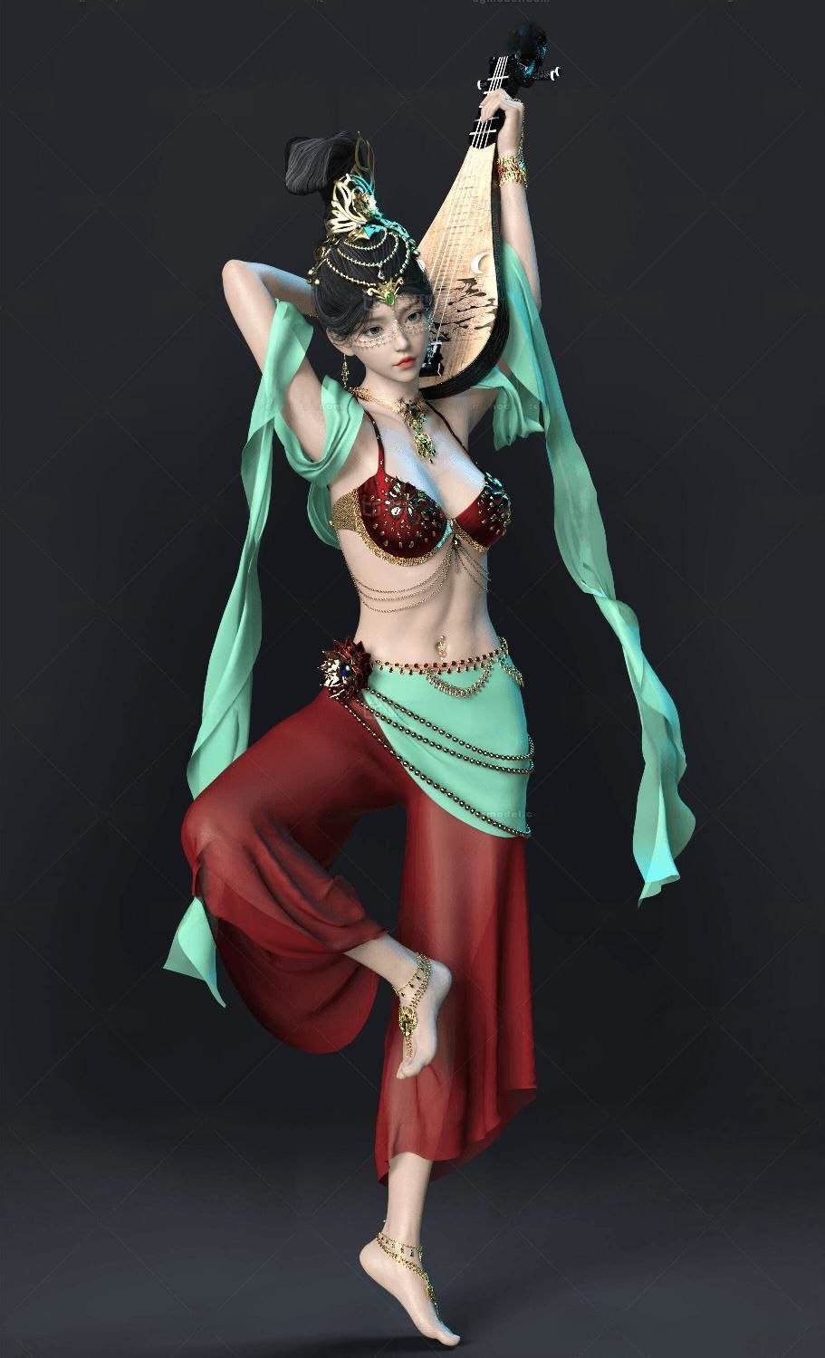 Dunhuang Flying Apsaras Bounce Pipa Characters 3D model_1