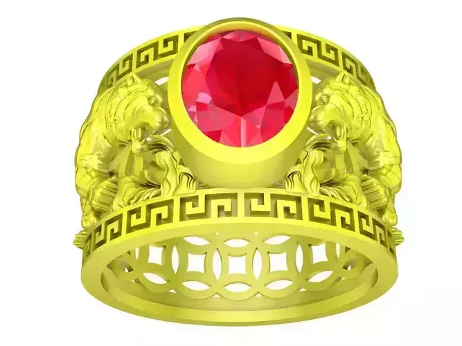 A4681 Zodiac Oval Diamond Tiger Men Ring 3D Model