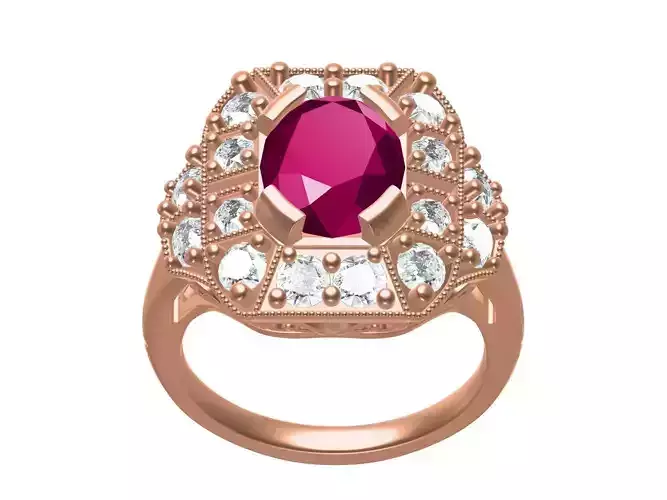 Ruby Oval Diamond Art Deco Ring