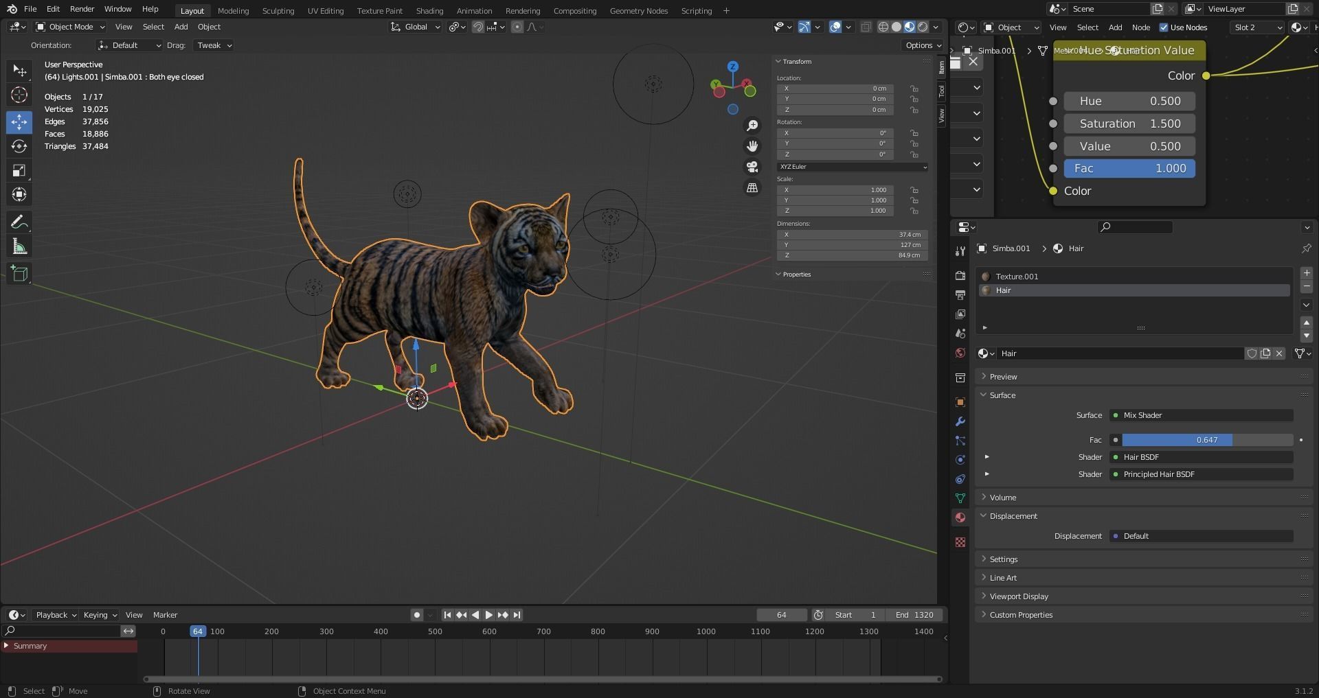Fur Tiger Cub Rigged and Animated in Blender Low-poly 3D model_20