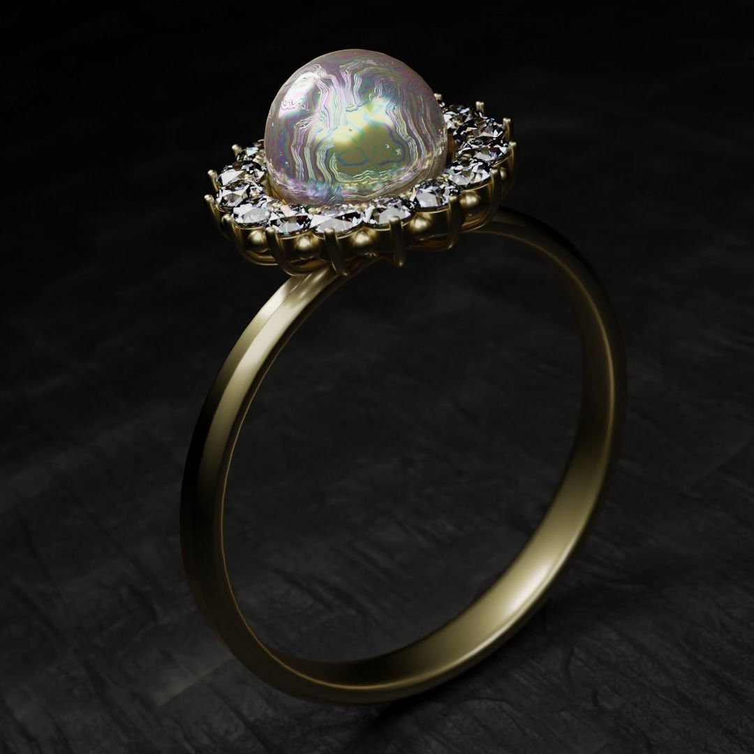 3D Model Ring with Pearl in the Center and a Crown 16 Diamonds 3D print model_5
