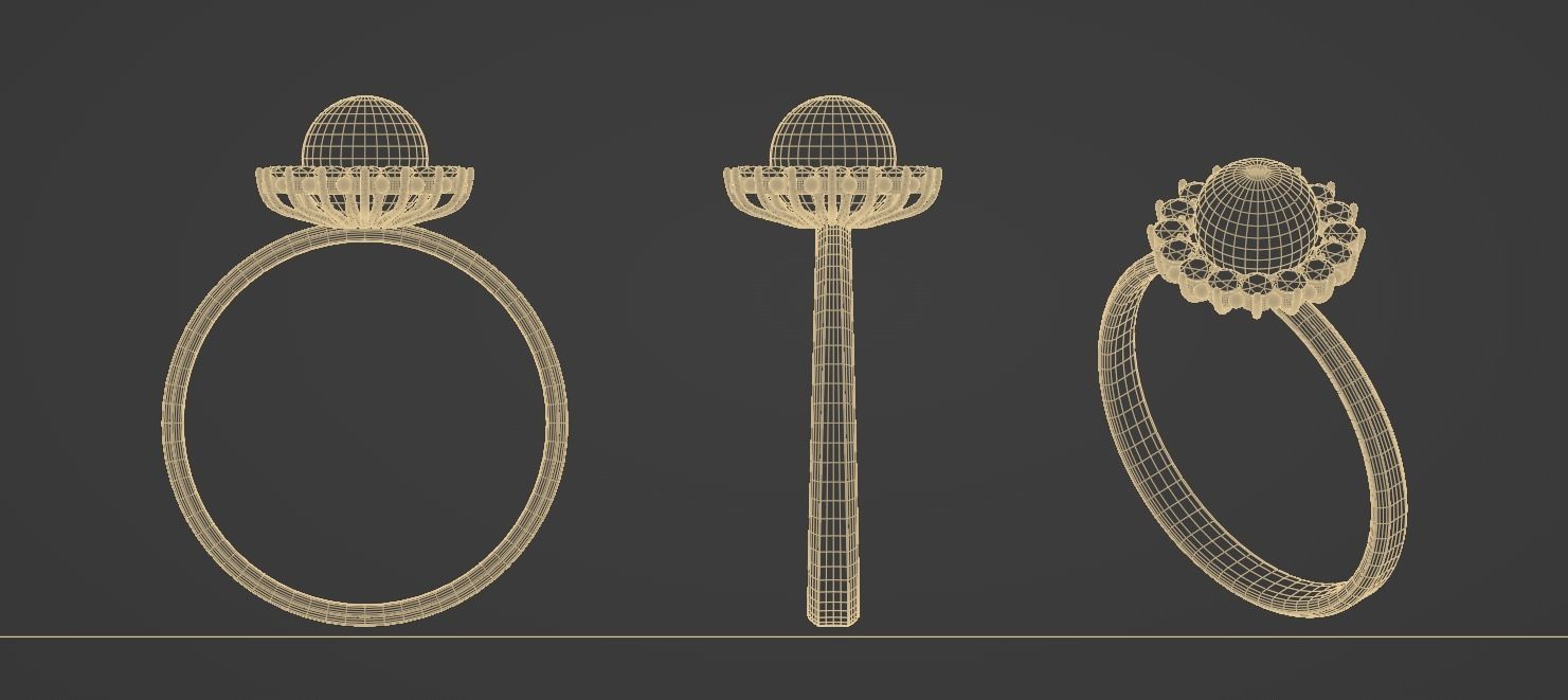 3D Model Ring with Pearl in the Center and a Crown 16 Diamonds 3D print model_3