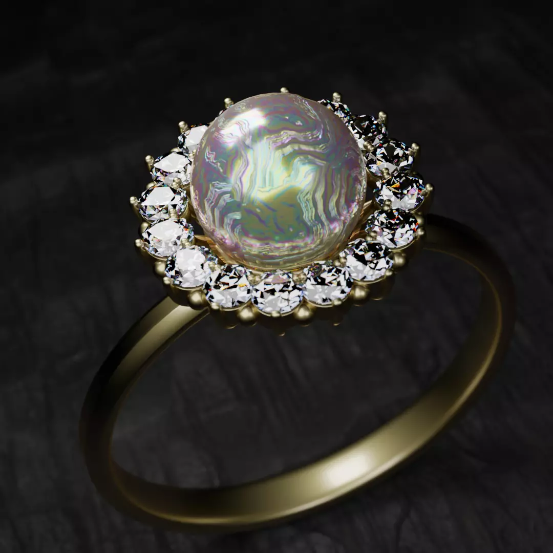 3D Model Ring with Pearl in the Center and a Crown 16 Diamonds 3D print model_0