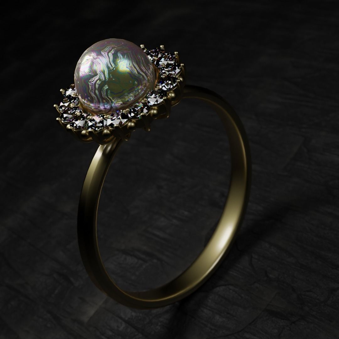 3D Model Ring with Pearl in the Center and a Crown 16 Diamonds 3D print model_4