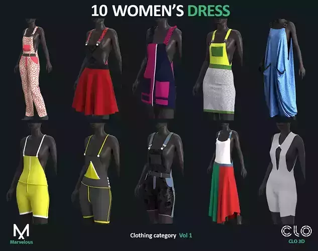 10 WOMENS DRESS  Marvelous Designer  CLO3D  ZPRJ projects files 3D model