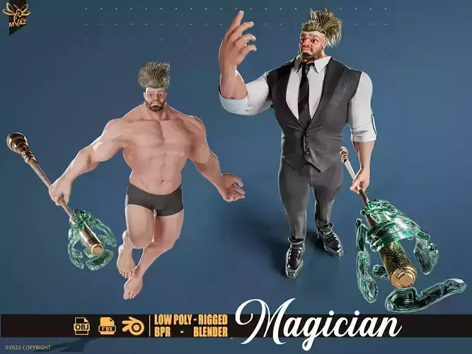 Stylized Bodybuilder Magician 3D Character - rigged Low-poly 3D model