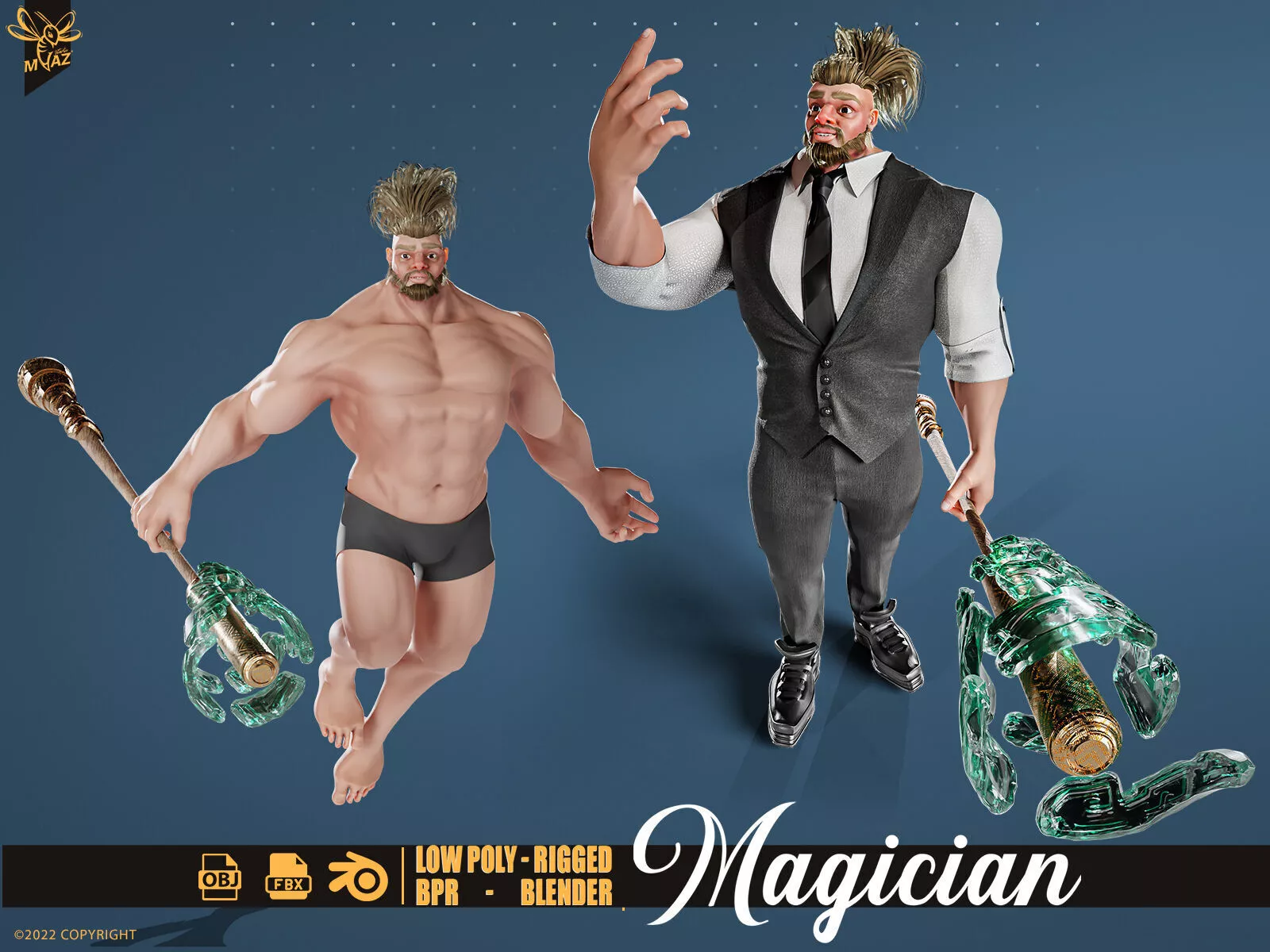 Stylized Bodybuilder Magician 3D Character - rigged Low-poly 3D model