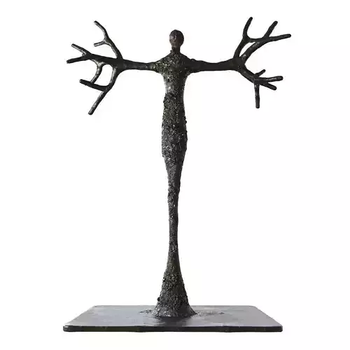 Branching bronze sculpture of woman holding branches