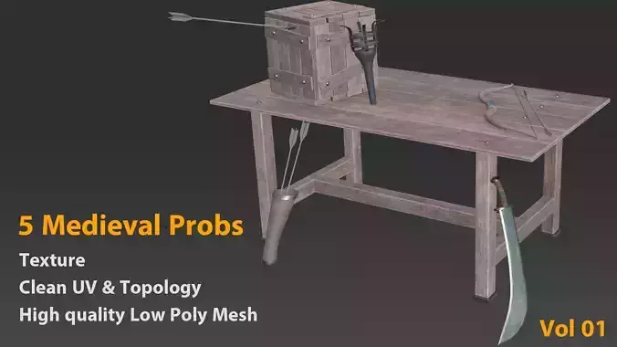 5 Medieval Probs with Texture -Sword-Table -Vol 01- Game Ready