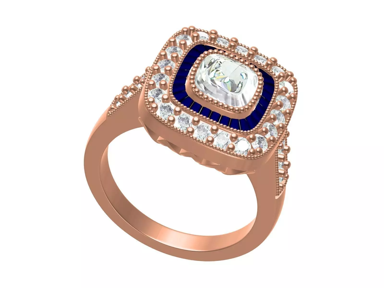 Cushion Shape Baguette Halo Vintage Engagement Ring 3D print model