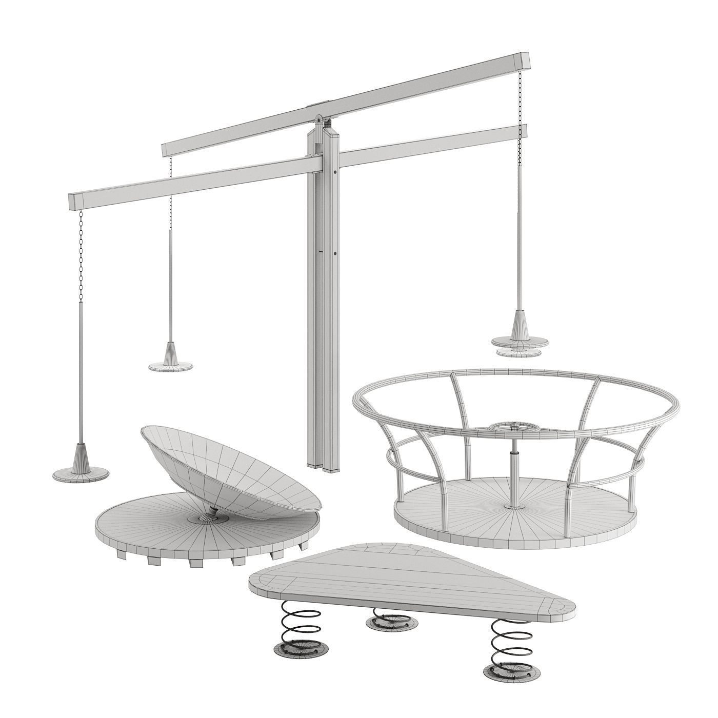 Playground Set wooden table with metal legs and springs 3D model_1