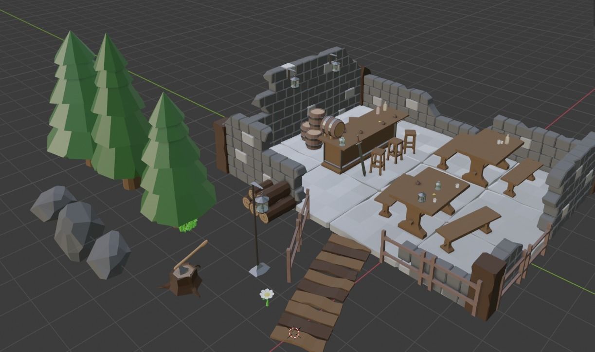 Low poly bar in the ruined house Low-poly 3D model_1