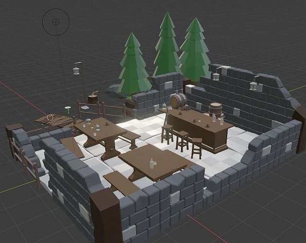 Low poly bar in the ruined house Low-poly 3D model