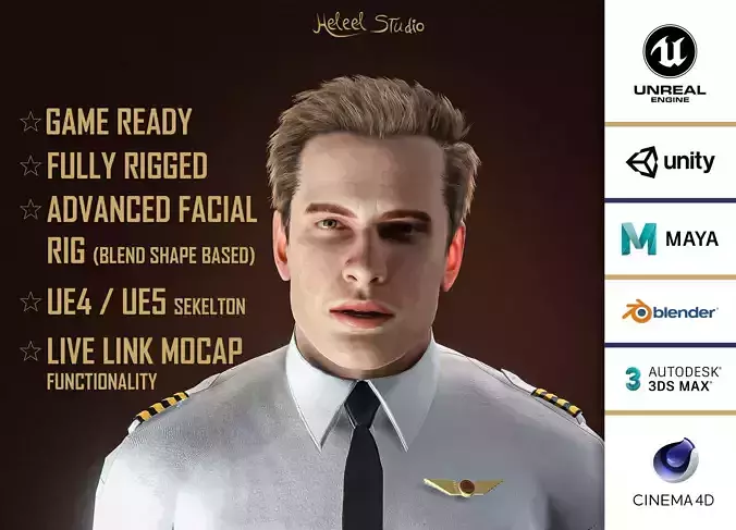 High Quality Realistic Male Pilot Low-poly 3D model