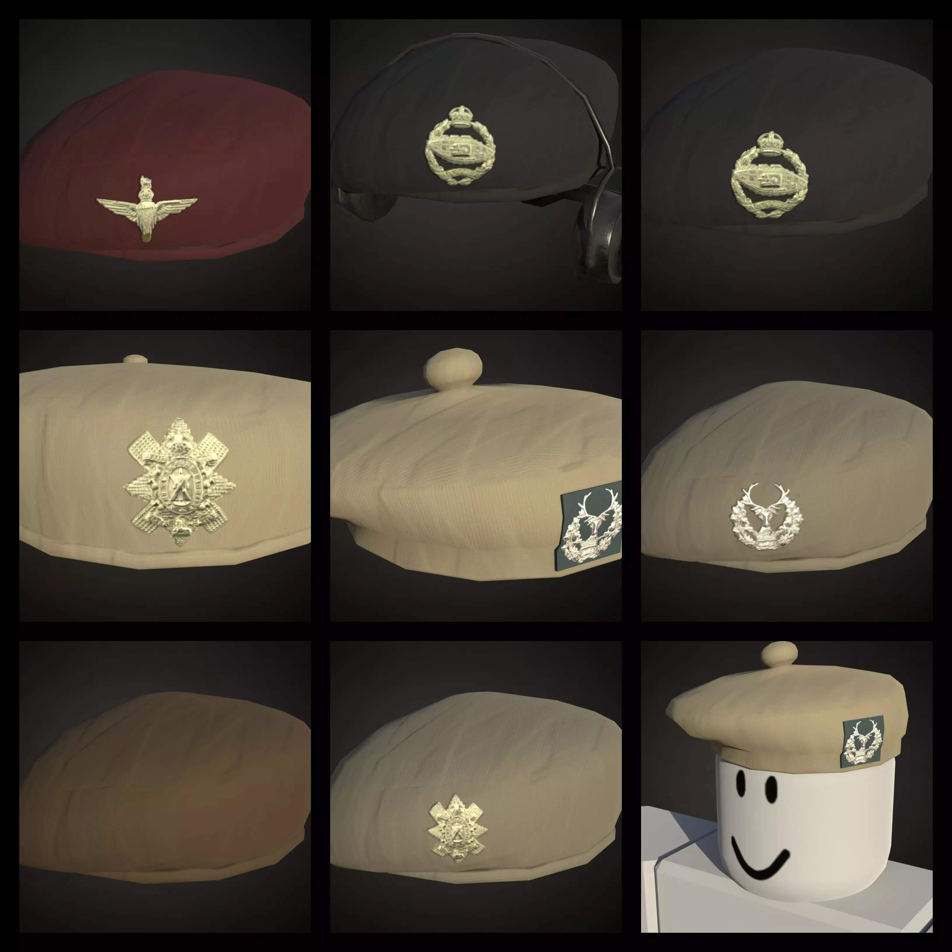 8 British ww2 military berets works on roblox characters too Low-poly 3D model_0