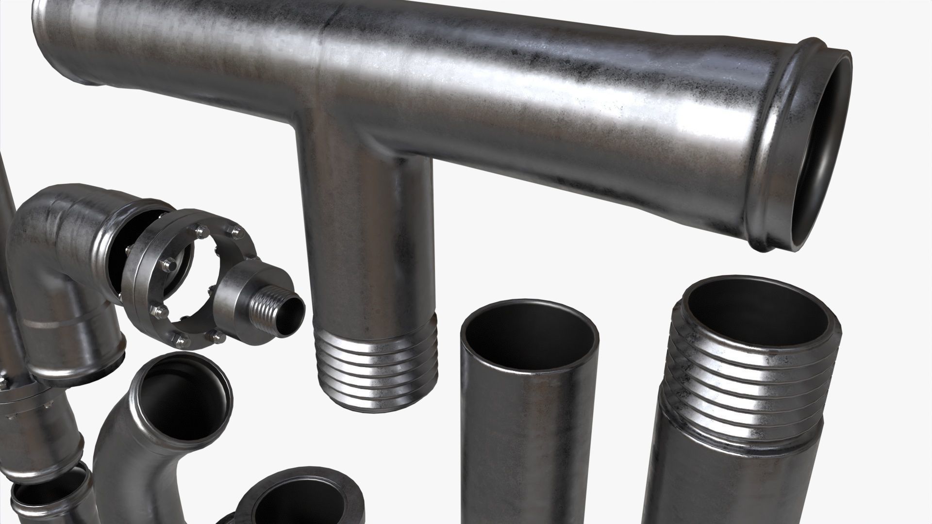 Metal Pipes with Fittings Set 3D model_4