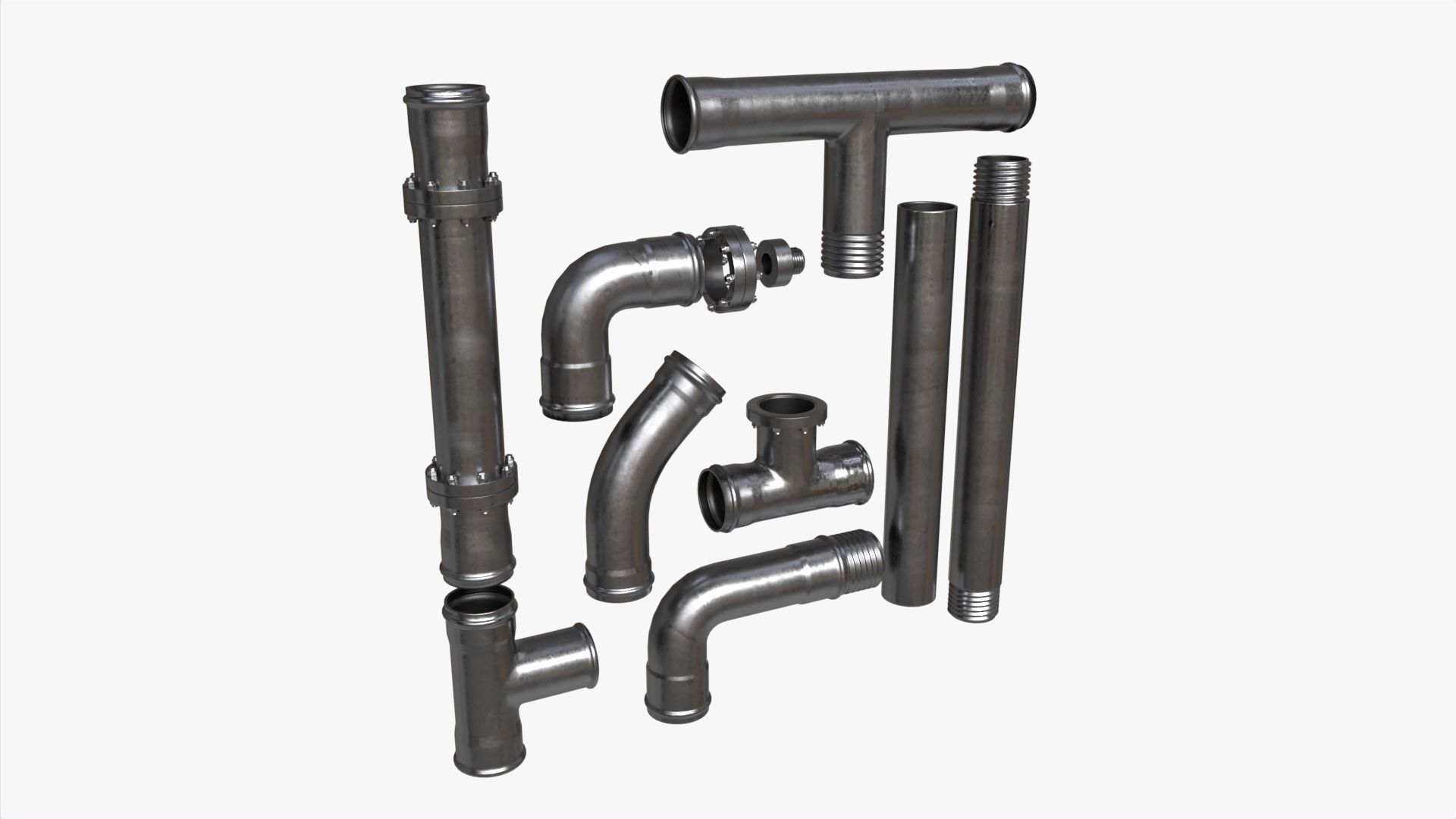 Metal Pipes with Fittings Set 3D model_1