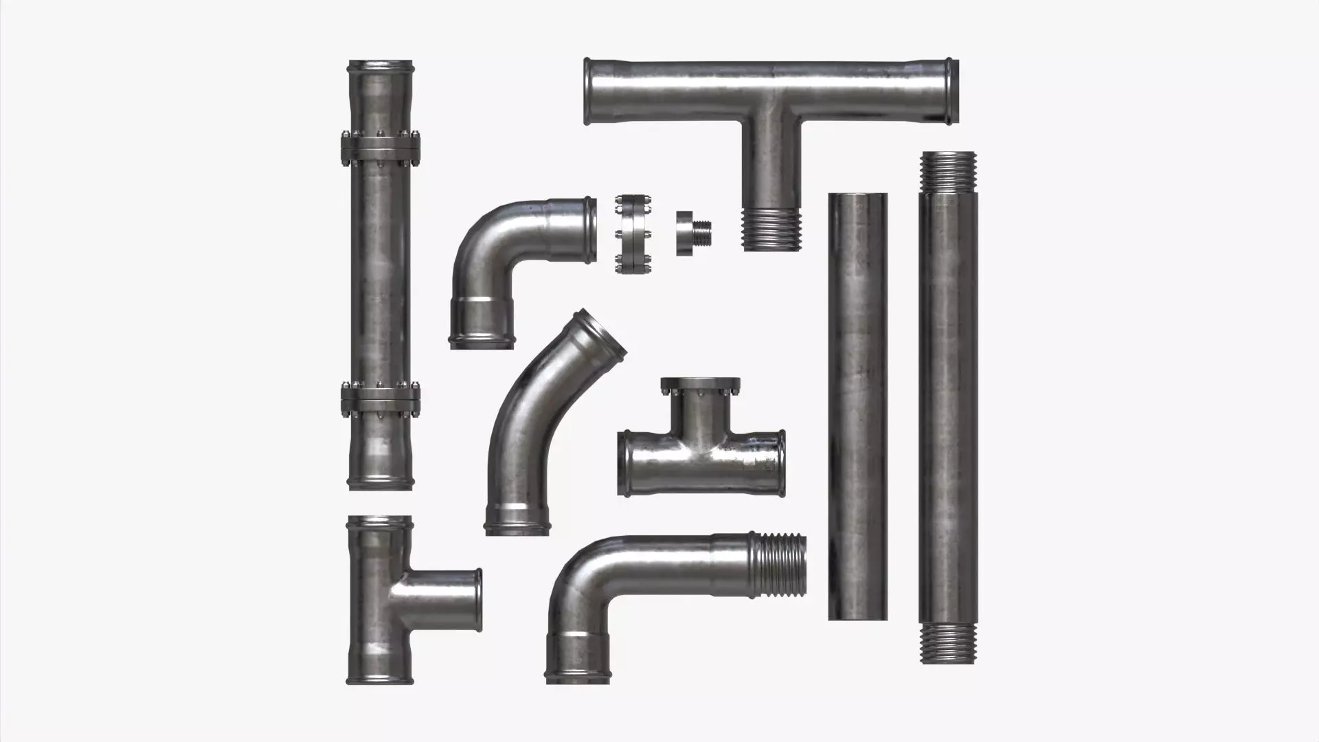 Metal Pipes with Fittings Set 3D model_0