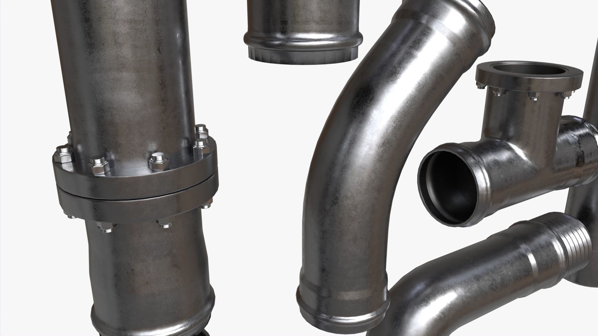 Metal Pipes with Fittings Set 3D model_2