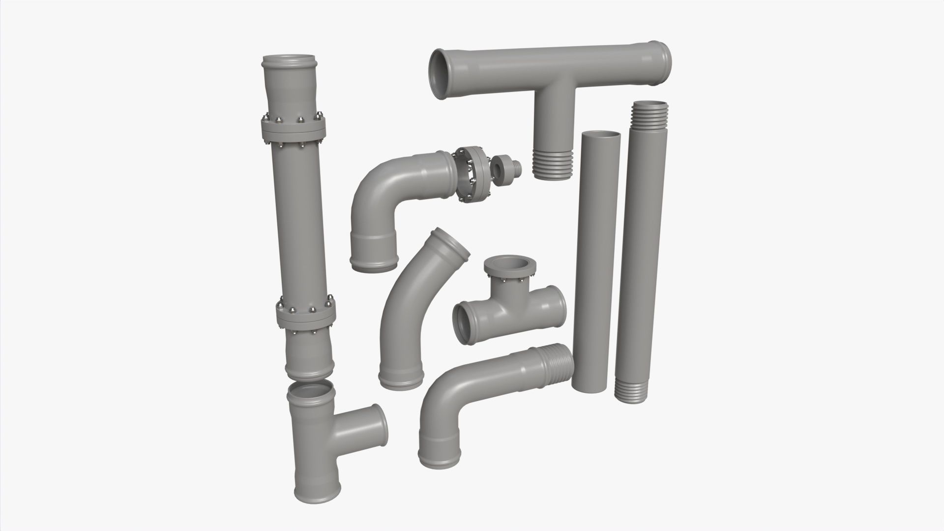 Plastic Pipes with Fittings Set 3D model_1