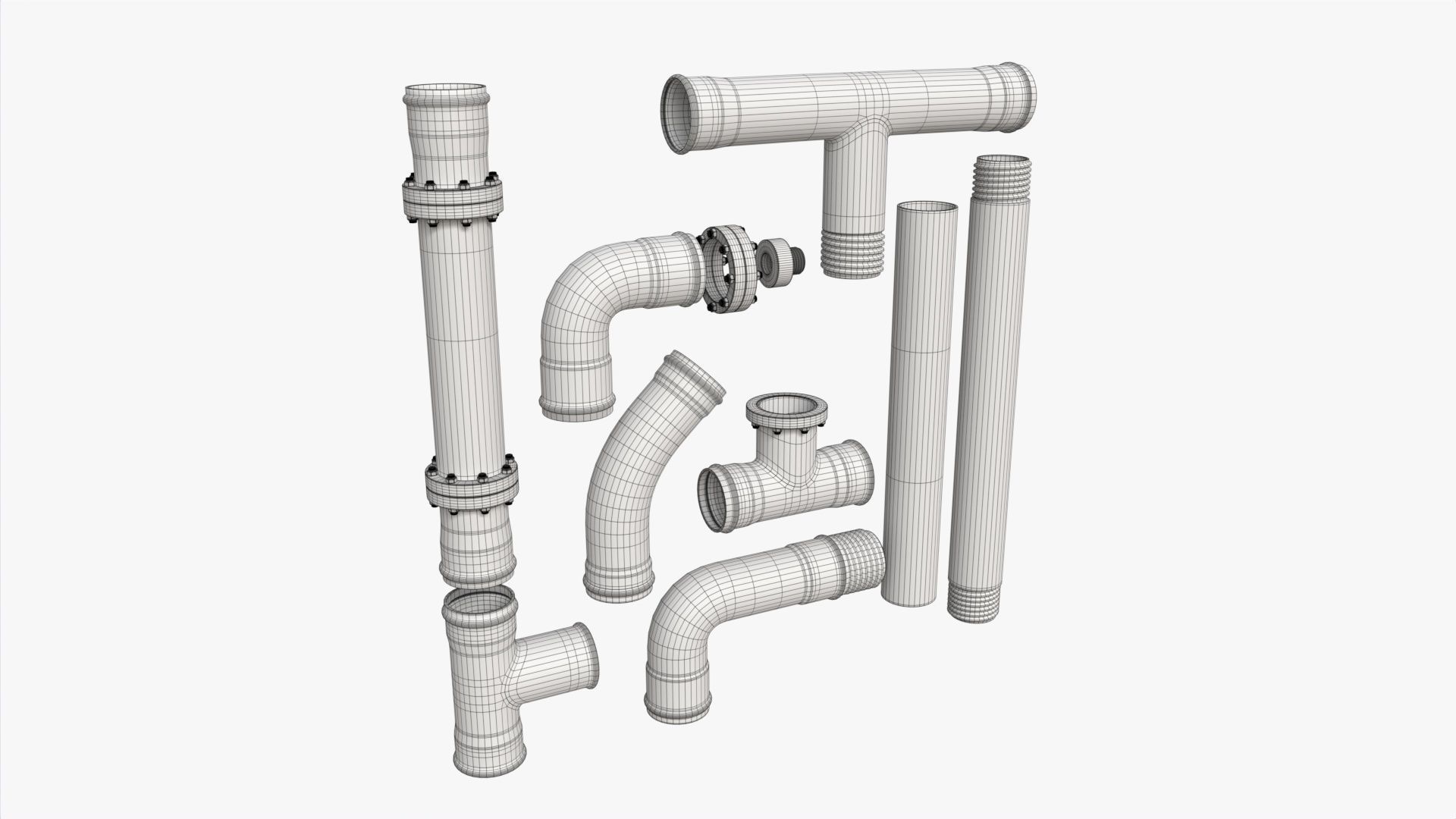 Plastic Pipes with Fittings Set 3D model_6